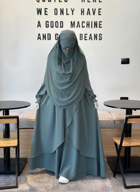 Front view of the Fereha Misty Ment premium set featuring ruffled sleeves and a full-length flowy abaya