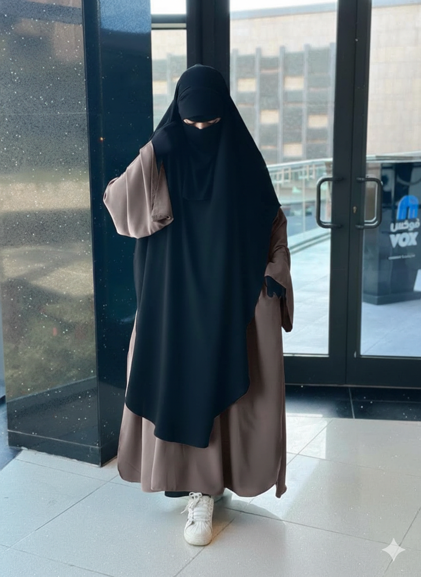 Front view of the Waqar Havan black khimar and caffe abaya set with matching light-colored gloves.