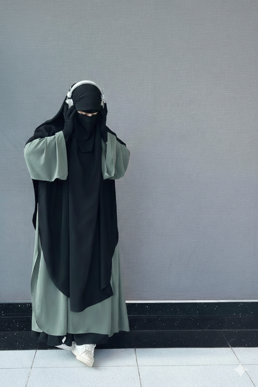 Front view of the Waqar Black and Sage Green modest set featuring an overhead khimar and wide abaya with headphones.