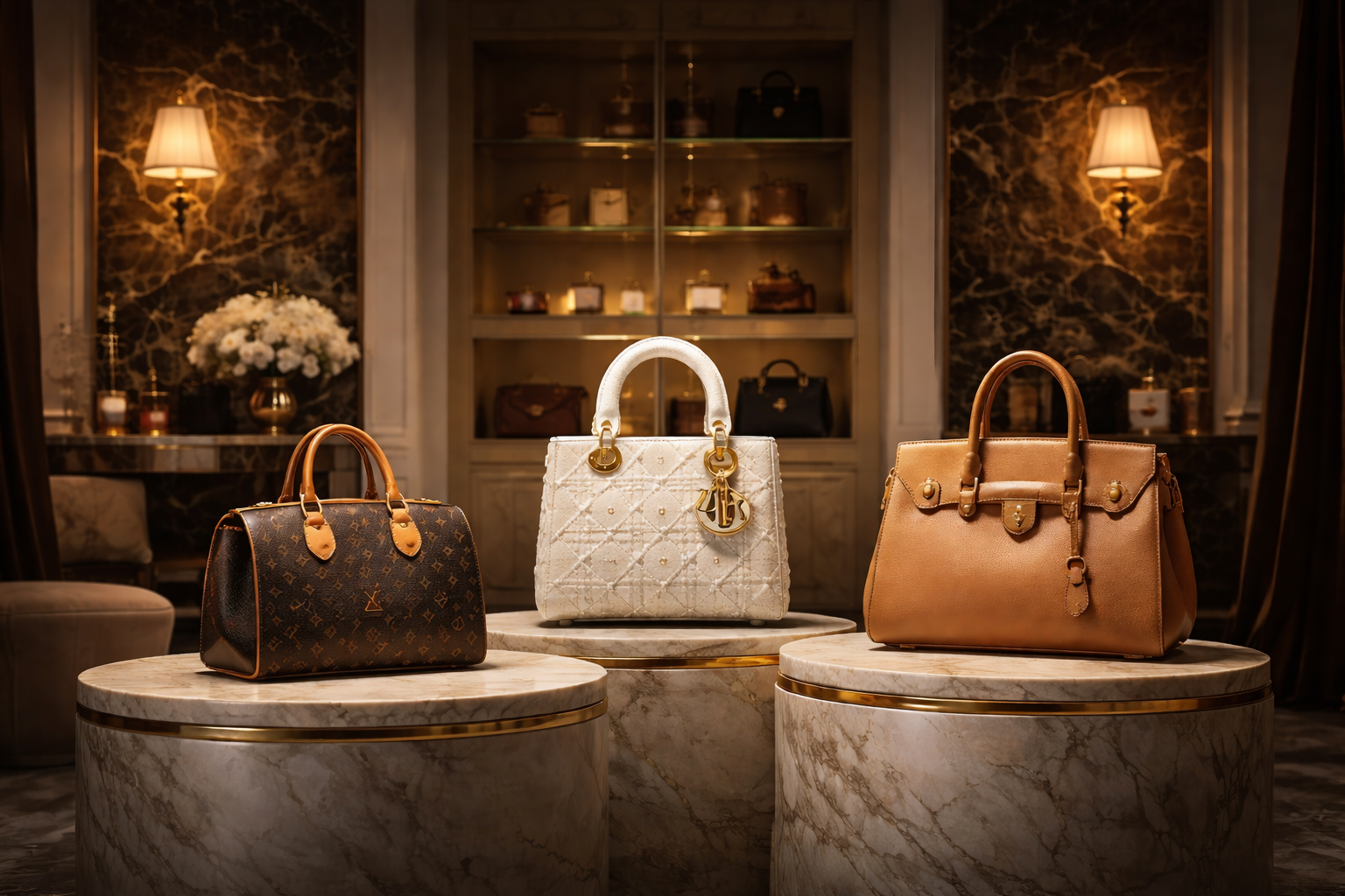 Luxury designer handbags displayed in an elegant boutique shop interior