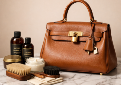 Luxury leather handbag care tools and leather conditioner